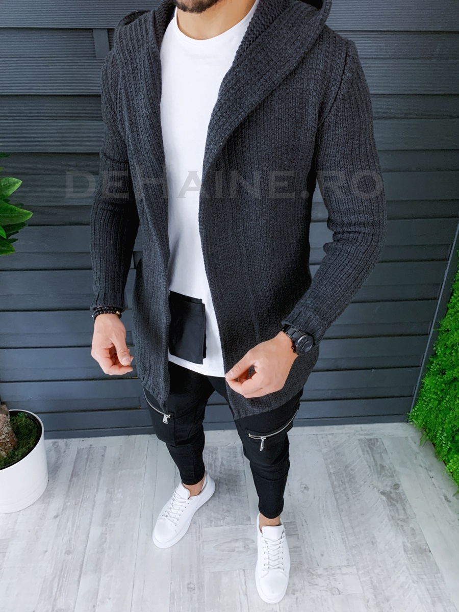 Cardigan barbati gri inchis cu gluga slim fit zr t3516 82-2